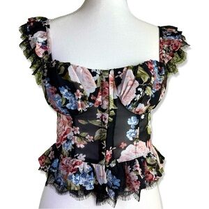 ⭐️LULUS Charmingly Sweet Black Floral Print Lace Bustier Top